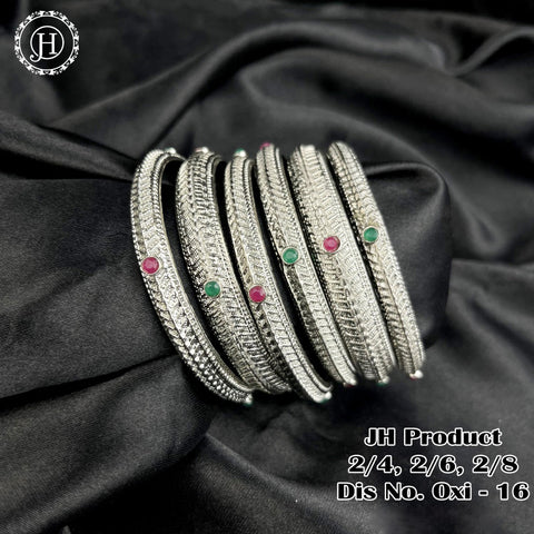 Silver Plated With Kemp Stone Combination Oxidised Bangle Set JH1142