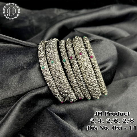 Silver Plated With Kemp Stone Combination Oxidised Bangle Set JH1146