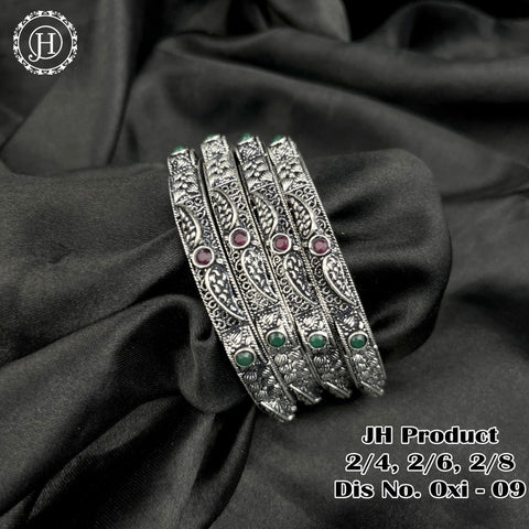 Silver Plated With Kemp Stone Combination Oxidised Bangle Set JH1148