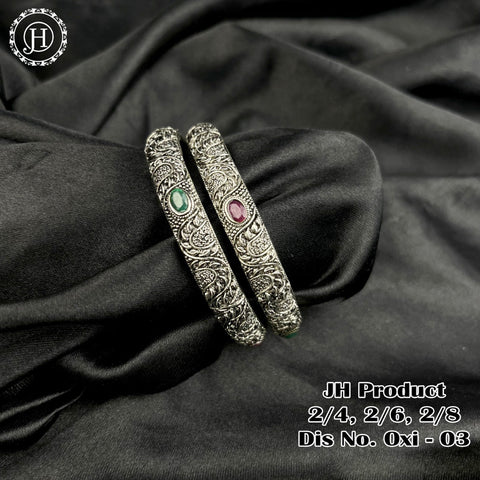 Silver Plated With Kemp Stone Combination Oxidised Bangle Set JH1149