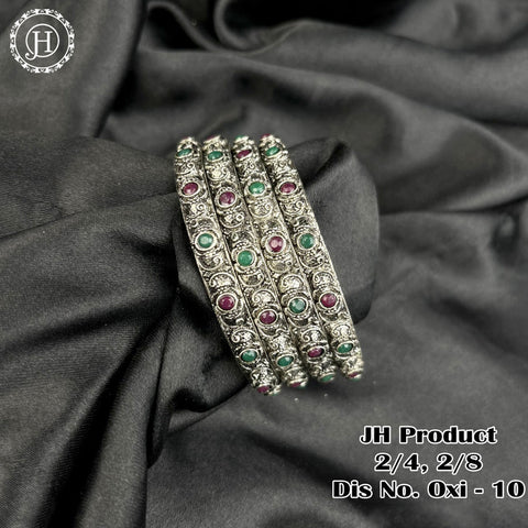Silver Plated With Kemp Stone Combination Oxidised Bangle Set JH1154
