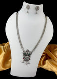 Silver Oxidized Green And Pink Kemp Stone Long Haram With Earrings JH1165