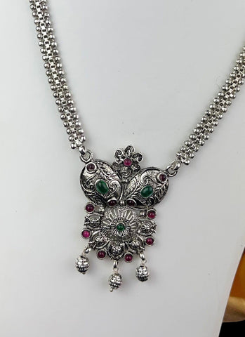 Silver Oxidized Green And Pink Kemp Stone Long Haram With Earrings JH1165