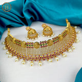 Exclusive Gold Plated Multicolored Kemp Stone Temple Choker Necklace With Earrings JH1304