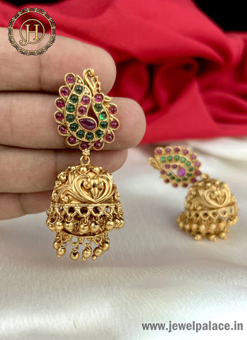 Latest Beautiful Gold Plated Kemp Stone Antique Earrings Jhumka JH1380