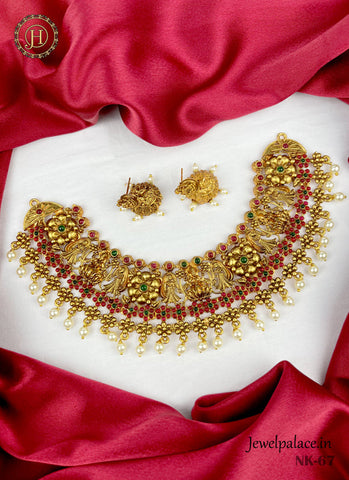 Elegant Gold Finish Laxmi Temple Necklace With Earrings JH1869