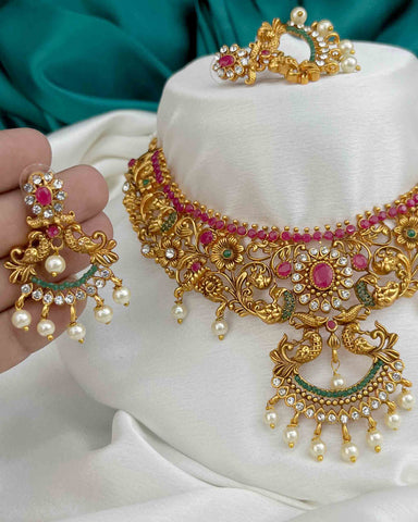 Beautiful Peacock Design Gold Finish Necklace With Earrings JH1871