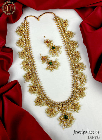 Beautiful Gold Plated Stone And Pearl Combination Long Haram Set JH1874