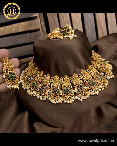 Beautiful Gold Plated Antique Laxmi Design Necklace With Earrings