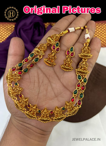 Beautiful Gold Plated Kemp Stone Necklace Set With Earrings JH2459