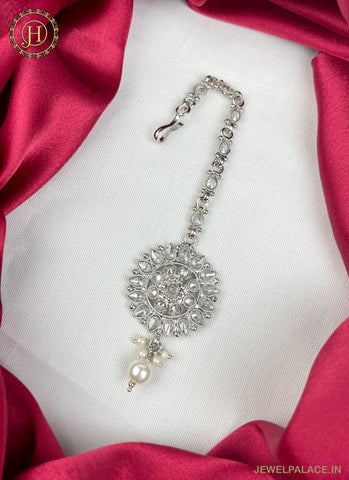 Silver Plated Kemp Stone Embellished Floral Design Maang Tika JH2517