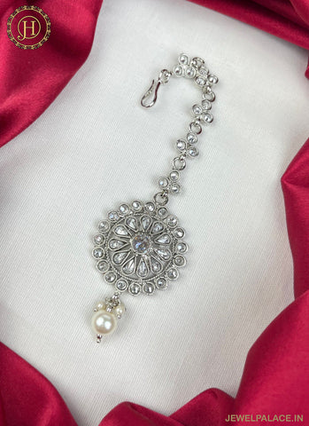 Silver Plated Kemp Stone Embellished Floral Design Maang Tika JH2518