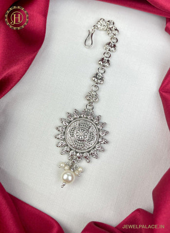 Silver Plated Kemp Stone Embellished Floral Design Maang Tika JH2519