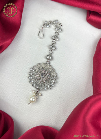 Silver Plated Kemp Stone Embellished Floral Design Maang Tika JH2520