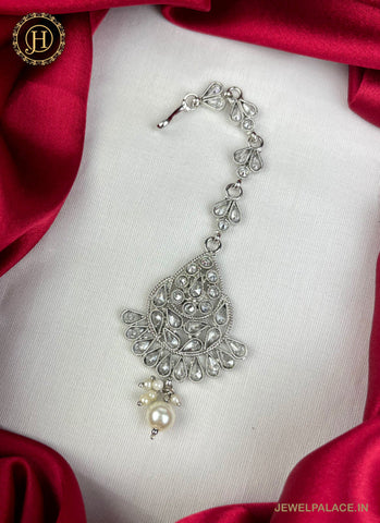 Silver Plated Kemp Stone Embellished Floral Design Maang Tika JH2521