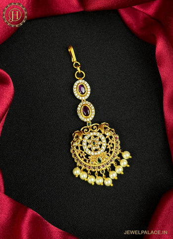 Gold Plated Kemp Stone Embellished Floral Design Maang Tika JH2546