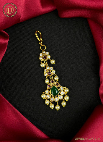 Gold Plated Kemp Stone Embellished Floral Design Maang Tika JH2552