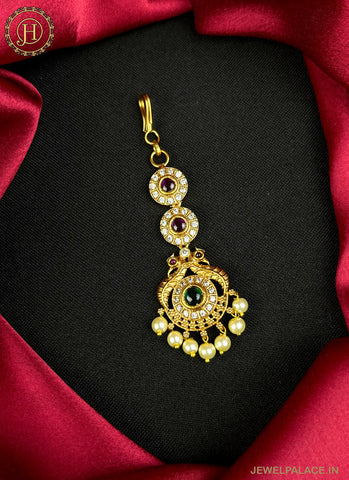 Gold Plated Kemp Stone Embellished Floral Design Maang Tika JH2553