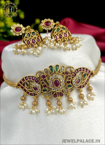 Premium Quality AD Stone Studded Designer Short Necklace set JH2598