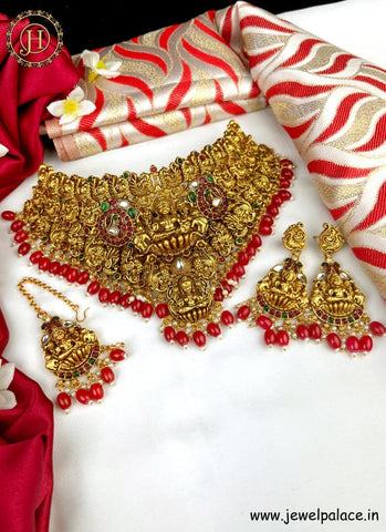 Elegant Gold Plated Temple Choker Set With Earrings JH2699