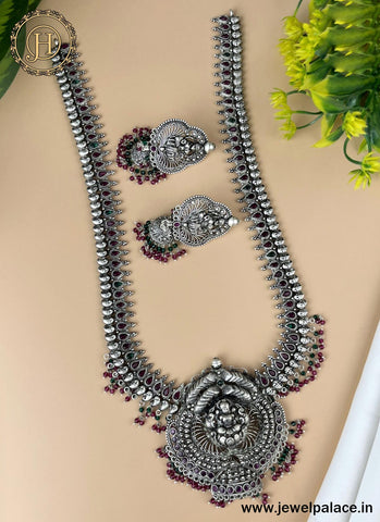 Premium Quality Silver Oxidized Green Long Haram With Earrings JH2825