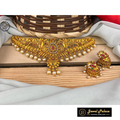 Exclusive Matte Finish Gold Plated Choker Necklace Set JH309