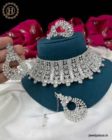 Dazzling Alloy Silver Plated CZ Stone Choker Necklace JH3143