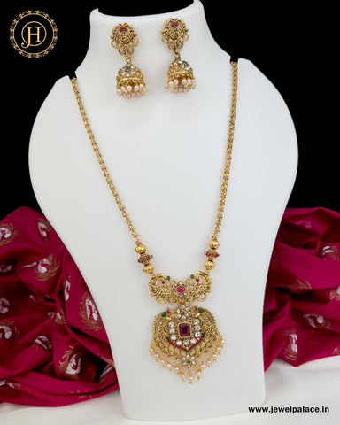 Antique Gold Finish Long Haram With Matching Earrings  JH3208