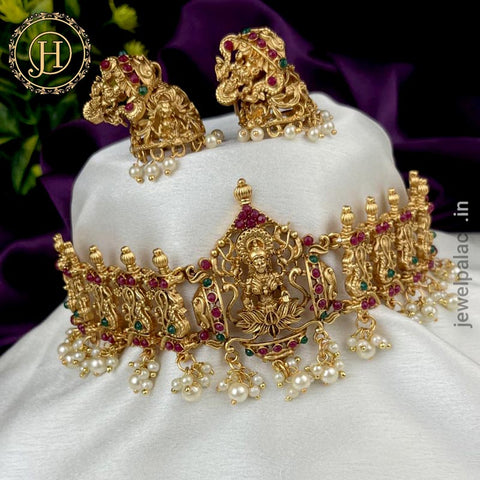 Gold Plated Kemp Stone Laxmi Design Necklace JH3807