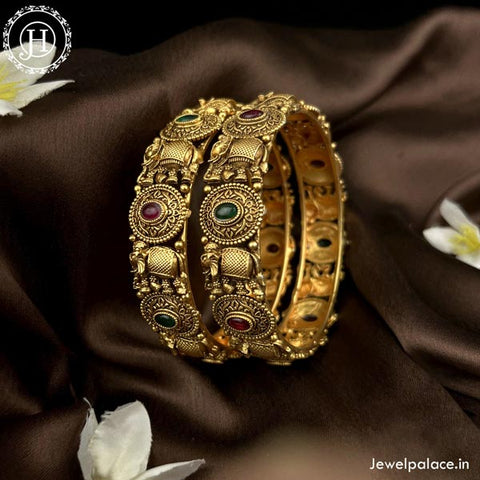 Beautiful Gold Plated Matte Finish Temple Bangles