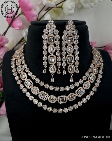 Beautiful Rhodium Plated Alloy AD Stone Three Layers Premium Necklace JH4127