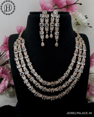 Beautiful Rhodium Plated Alloy AD Stone Three Layers Premium Necklace JH4130