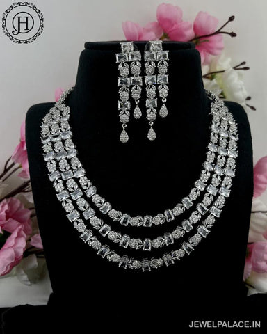 Beautiful Rhodium Plated Alloy AD Stone Three Layers Premium Necklace JH4131