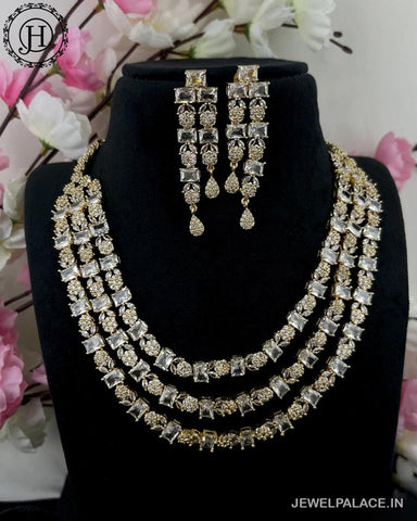 Beautiful Rhodium Plated Alloy AD Stone Three Layers Premium Necklace JH4132