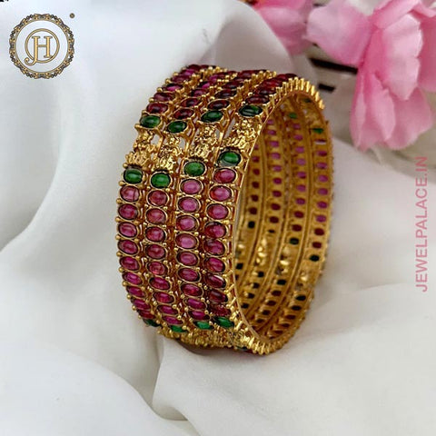 Temple Design Gold Plated Kemp Stone Traditional Bangles JH4728