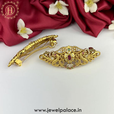 Beautiful Premium Quality Gold Plated Kemp Stone Hair Clip JH5121