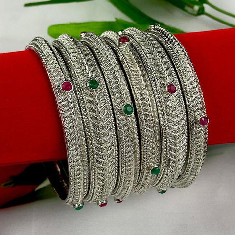 NEW Oxidized Bangle Set Of 6, With Colored Stones - www.jewelpalace.in